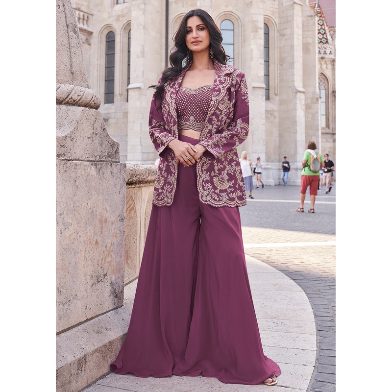 Mauve Pink Embroidered Jacket Style Indo Western Suit