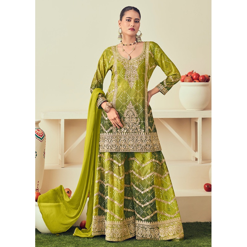Mehndi Green Heavy Embroidered Designer Palazzo Dress