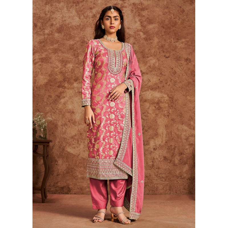 Melon Pink Dola Silk Jacquard Festive Salwar Kameez