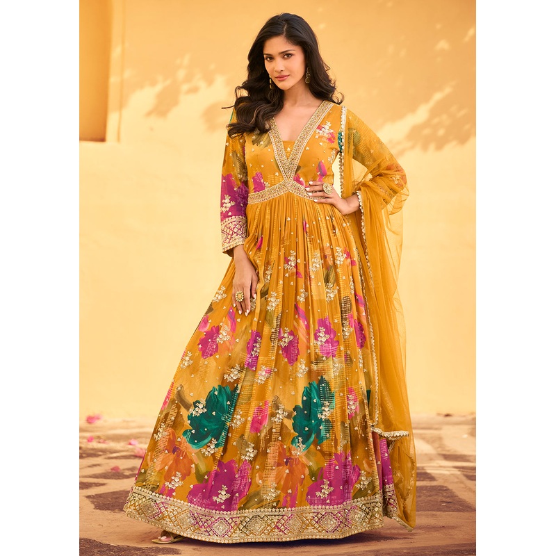 Mustard Multi Embroidered Wedding Festive Anarkali Gown