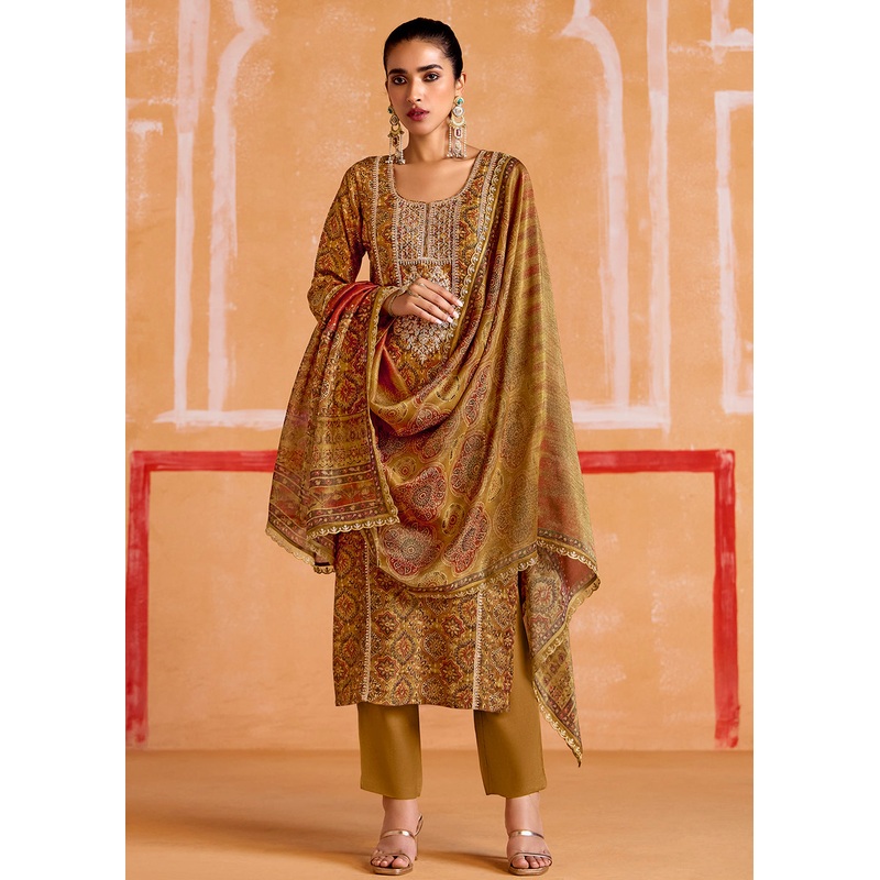 Mustard Pure Muslin Embroidered Pakistani Style Suit