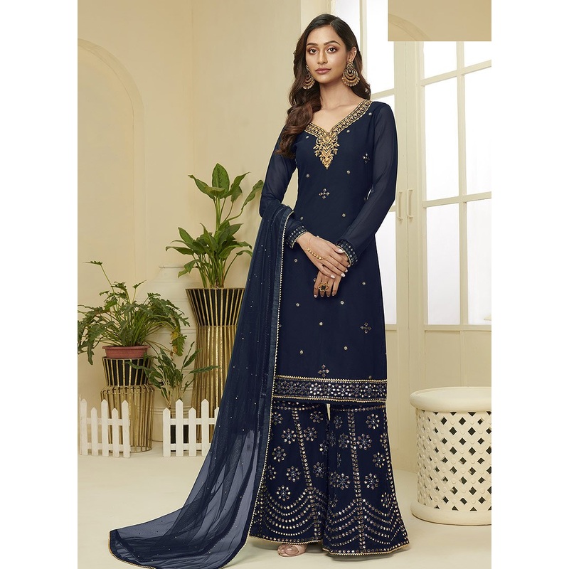 Navy Blue Embroidered Faux Georgette Gota Work Sharara Suit