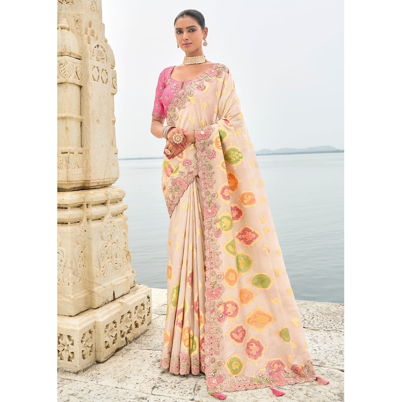 Off White Viscose Tissue Silk Designer Saree