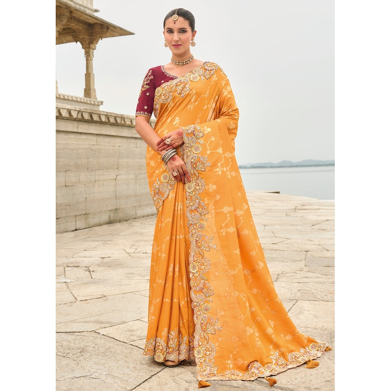 Orange Maroon Viscose Tissue Silk Designer Saree