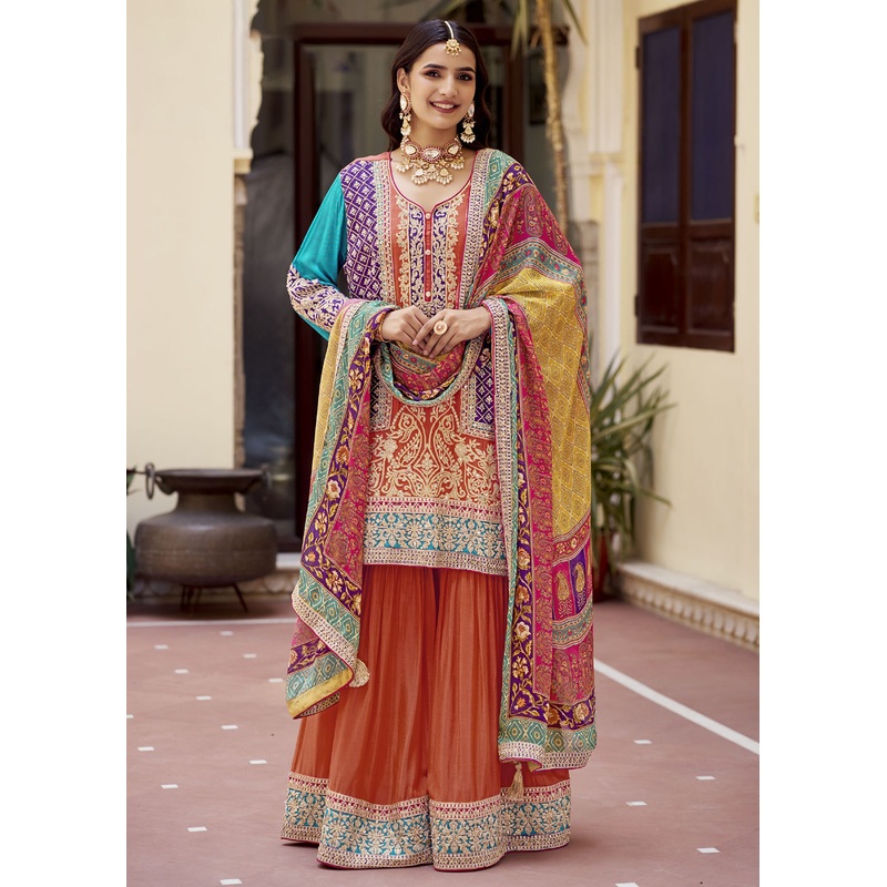 Orange Multicolor Fancy Embroidered Gharara Style Suit