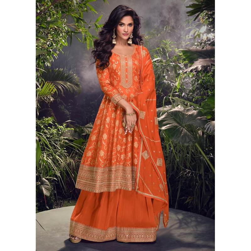 Orange Viscose Jacquard Silk Wedding Festive Palazzo Suit