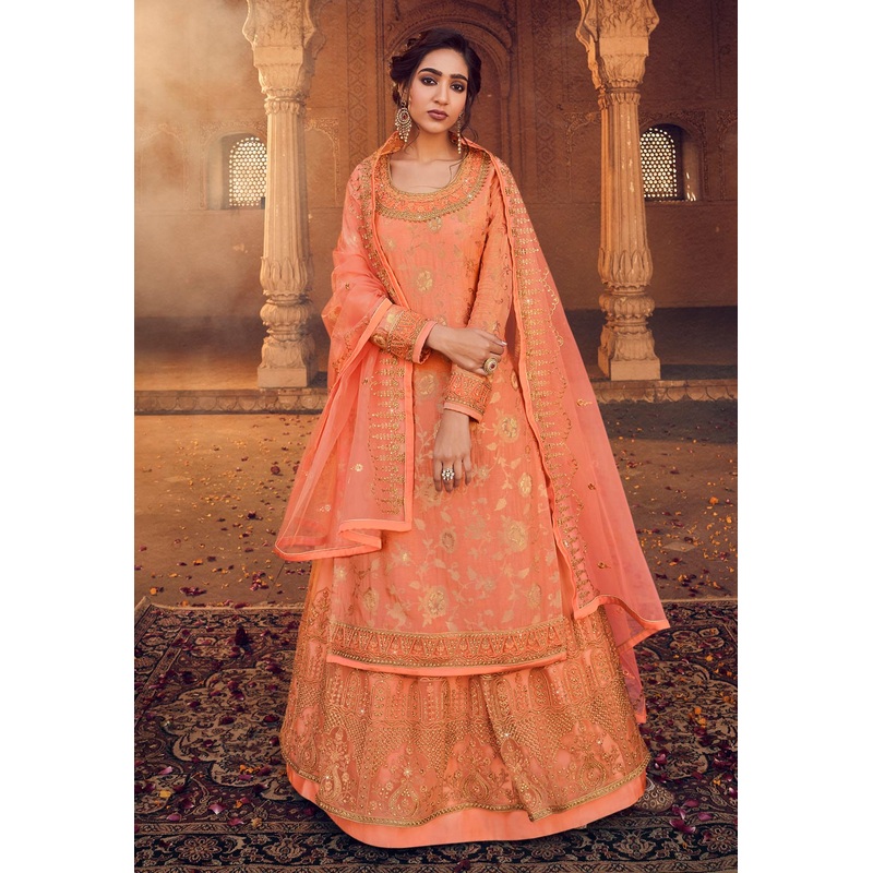 Orange Zari Embroidered Lehenga Style Suit