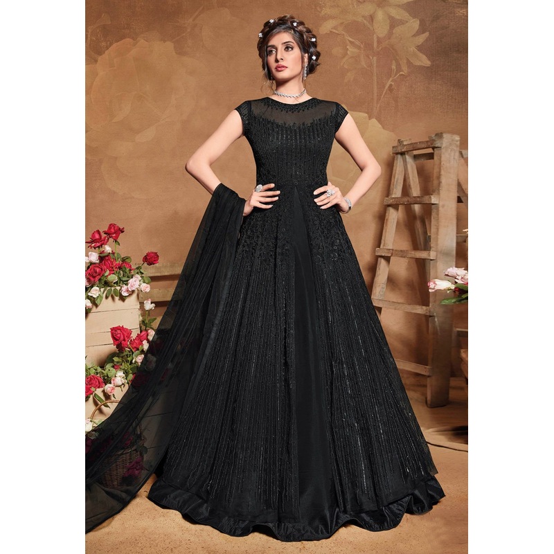 Outstanding Black Net Embroidered Floor Length Anarkali Suit