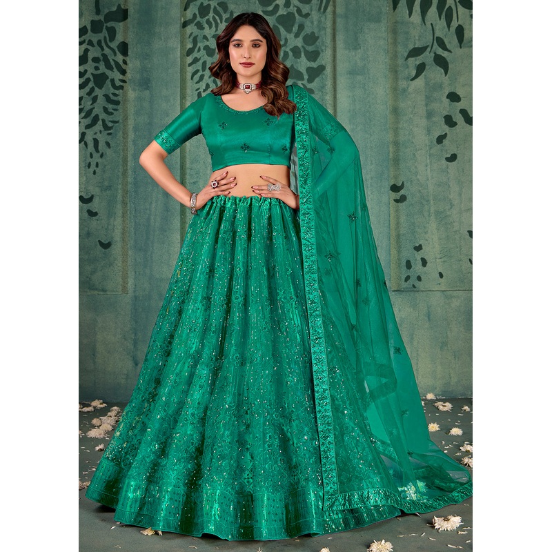 Persian Green Sequins Embroidered Net Lehenga Choli