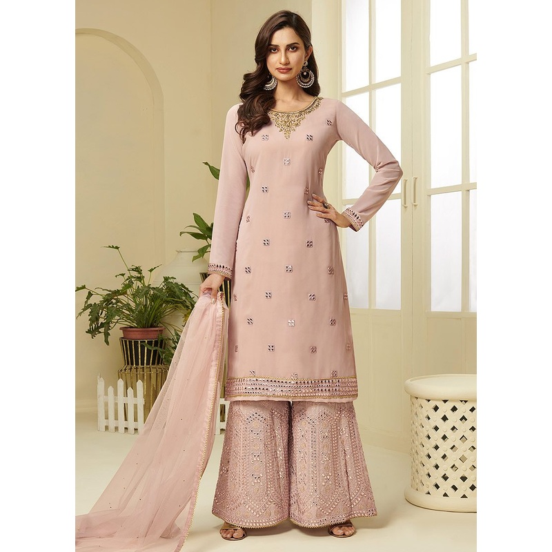 Pink Embroidered Faux Georgette Gota Work Sharara Suit