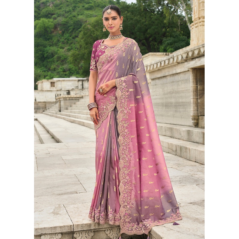 Pink Grey Viscose Tissue Silk Designer Saree