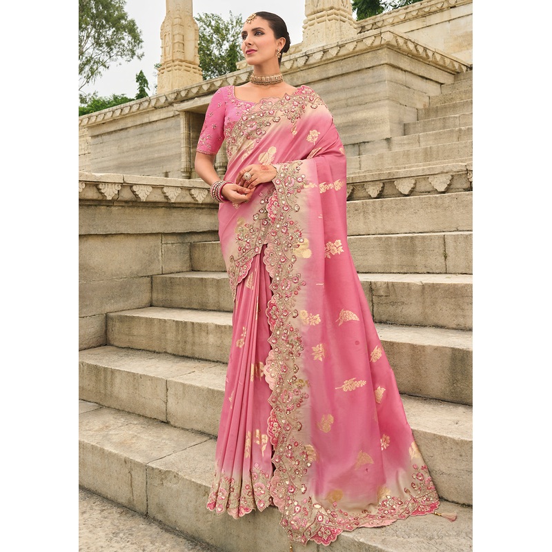 Pink Shaded Viscose Tissue Silk Designer Saree