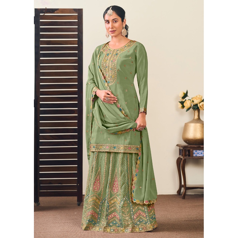 Premium Green Embroidered Trendy Lehenga Style Suit
