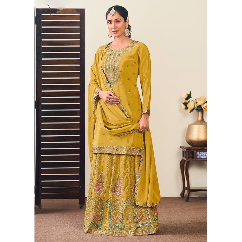 Premium Mustard Embroidered Trendy Lehenga Style Suit
