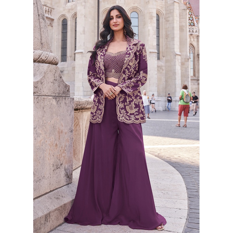 Purple Embroidered Jacket Style Indo Western Suit