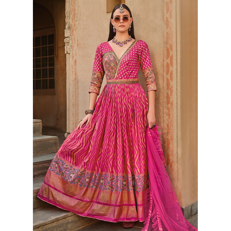 Rani Pink Silk Foil Printed & Embroidered Traditional Gown