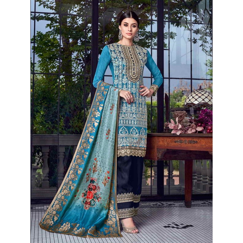 Ravishing Blue Lucknowi Embroidered Pakistani Style Pant Suit