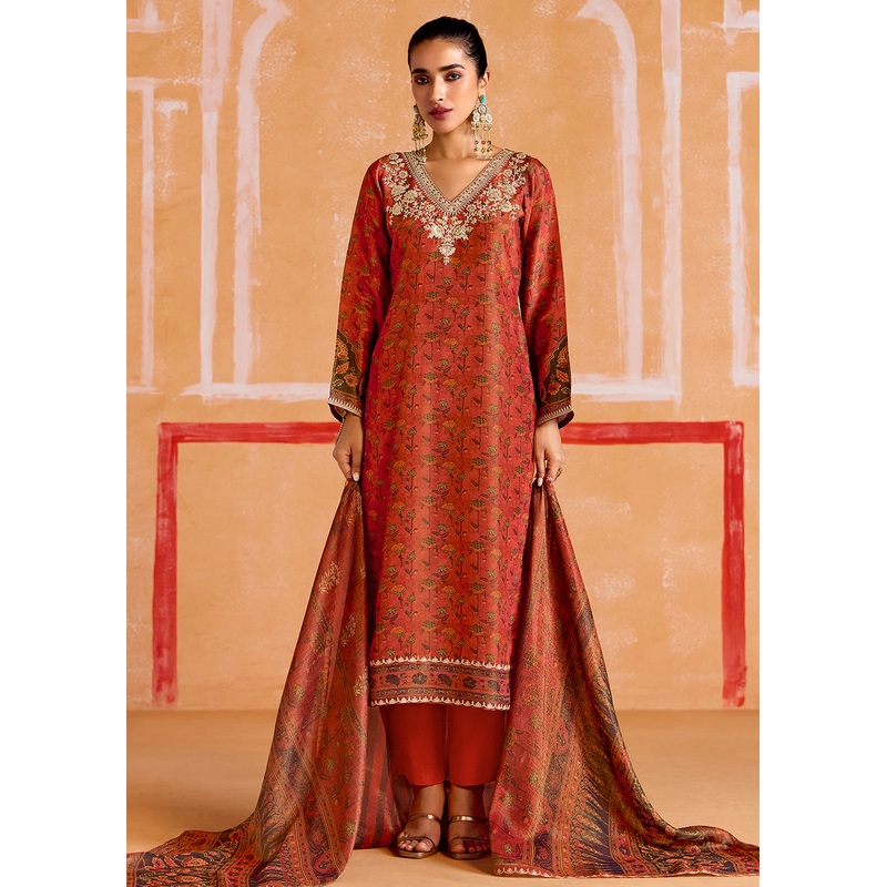 Rust Pure Muslin Embroidered Pakistani Style Suit