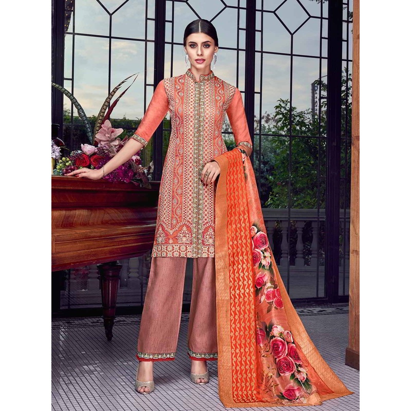 Rusty Orange Lucknowi Embroidered Pakistani Style Pant Suit