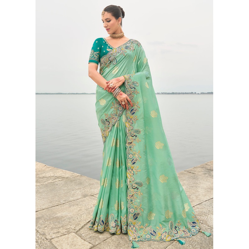 Sea Green Viscose Tissue Silk Designer Saree