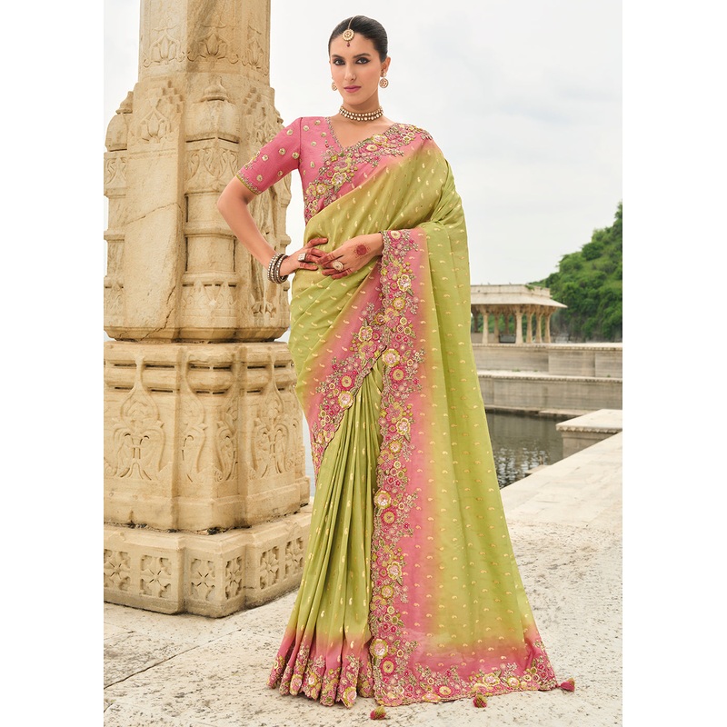 Shaded Pink Green Viscose Tissue Silk Designer Saree