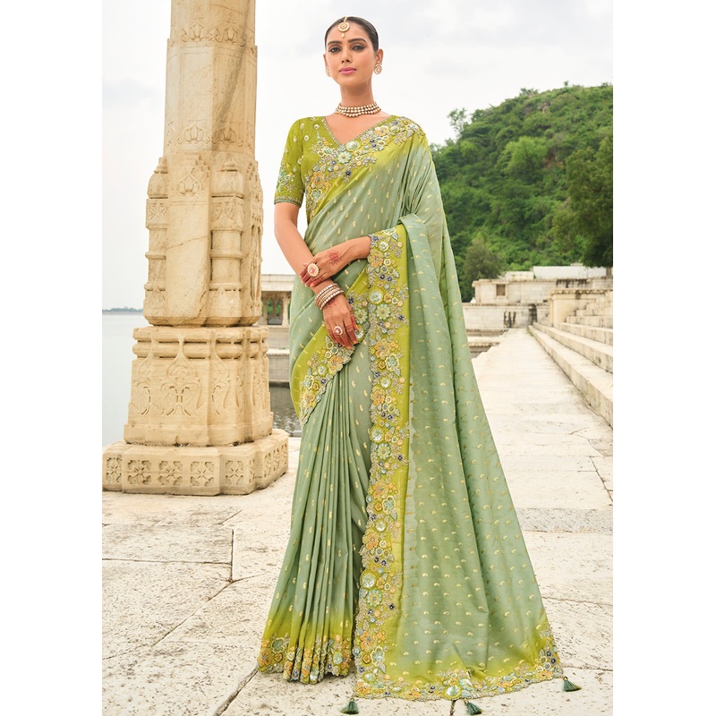 Shaded Pista Green Viscose Tissue Silk Designer Saree