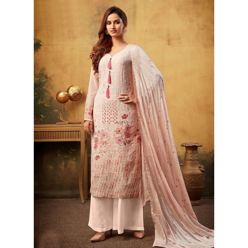 Soft Peach Embroidered Bamber Georgette Palazzo Suit