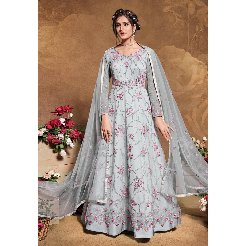 Splendid Grey Net Embroidered Floor Length Anarkali Suit