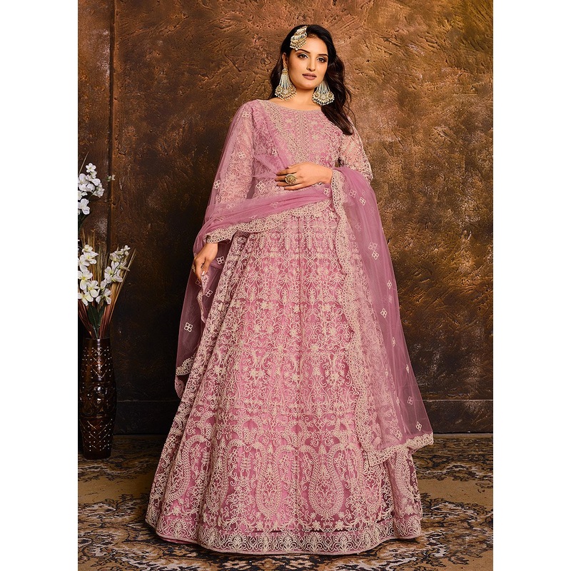 Spunky Pink Embroidered Net Bridal Anarkali Suit