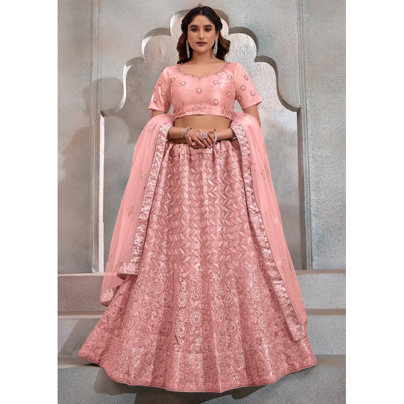 Stunning Peach Embroidered Festive Lehenga Choli