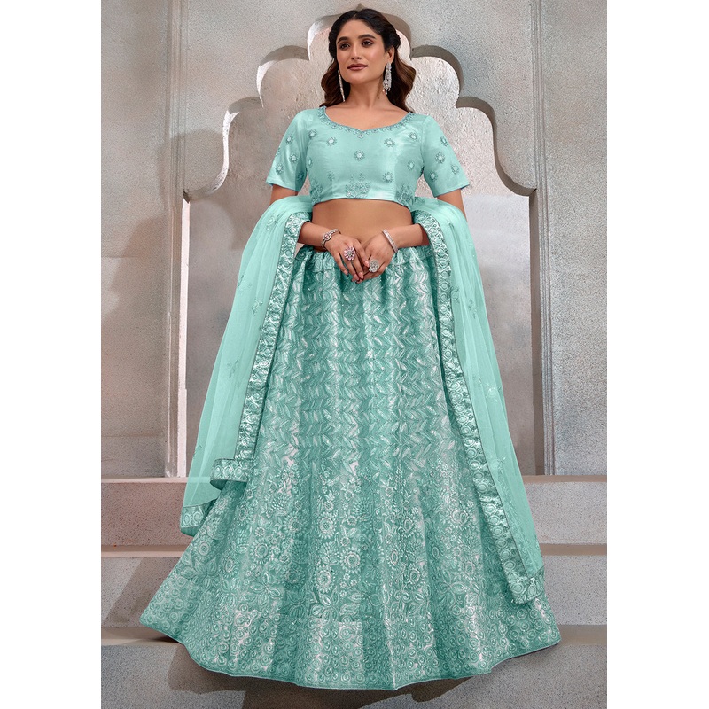 Stunning Turquoise Embroidered Festive Lehenga Choli