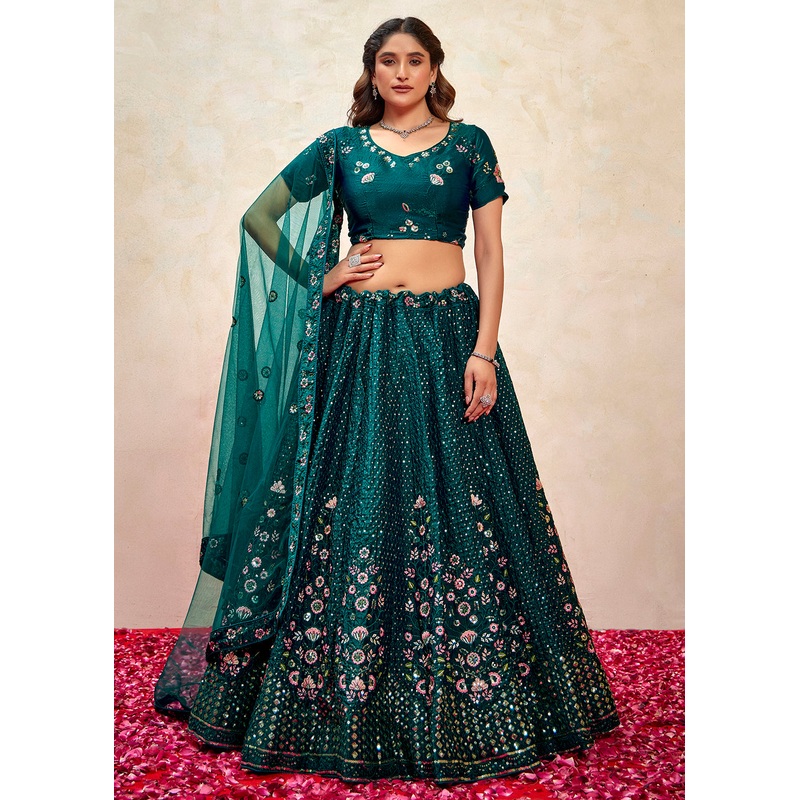 Teal Fendy Silk Embroidered Party Wear Lehenga Choli