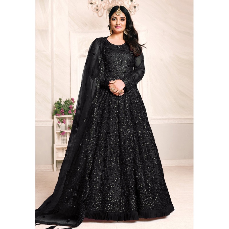 Tempting Black Net Embroidered Abaya Style Anarkali Suit