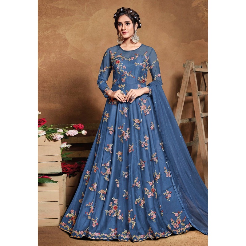 Tempting Blue Net Embroidered Floor Length Anarkali Suit