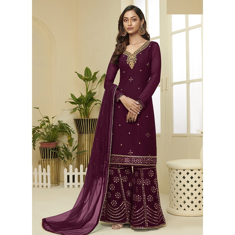 Wine Embroidered Faux Georgette Gota Work Sharara Suit