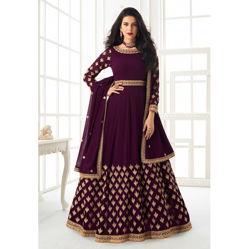 Wine Faux Georgette Embroidered Anarkali Suit
