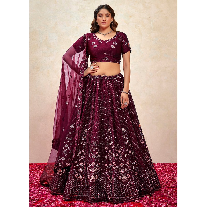 Wine Fendy Silk Embroidered Party Wear Lehenga Choli