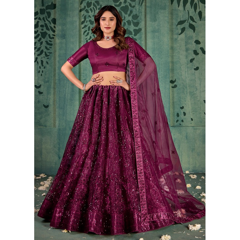 Wine Sequins Embroidered Net Lehenga Choli