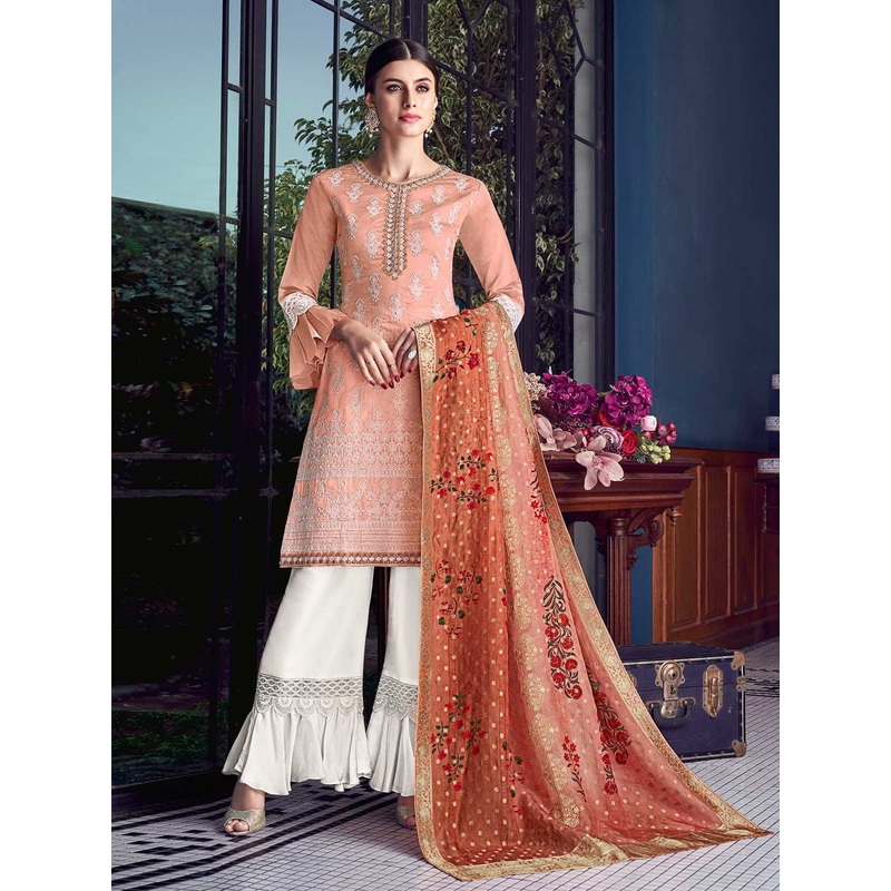 Winning Peach Lucknowi Embroidered Pakistani Style Sharara Suit