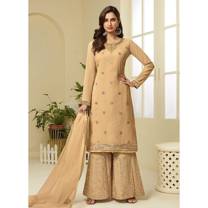 Yellow Embroidered Faux Georgette Gota Work Sharara Suit