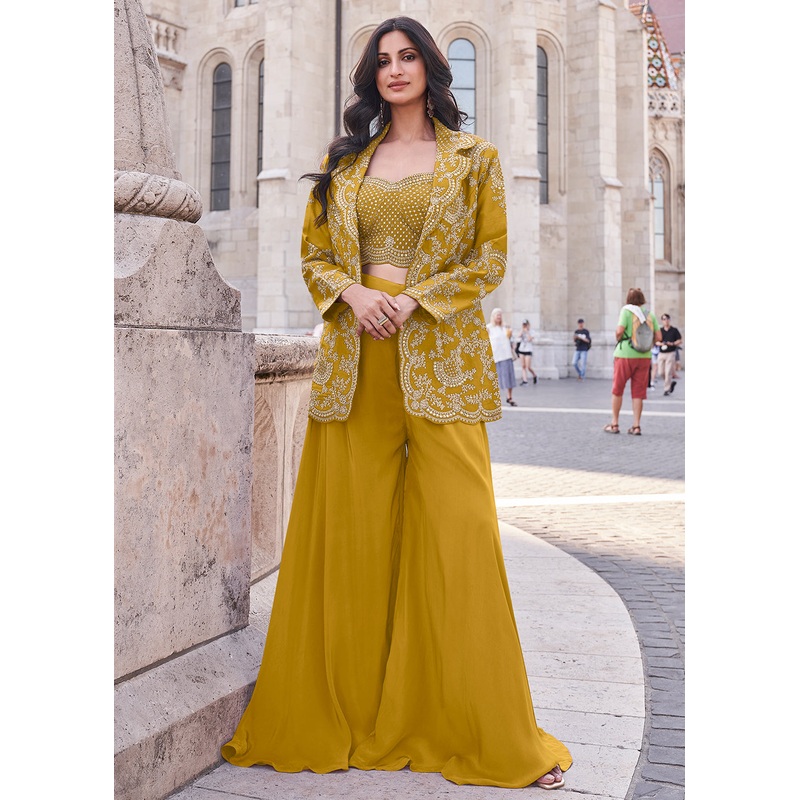 Yellow Embroidered Jacket Style Indo Western Suit