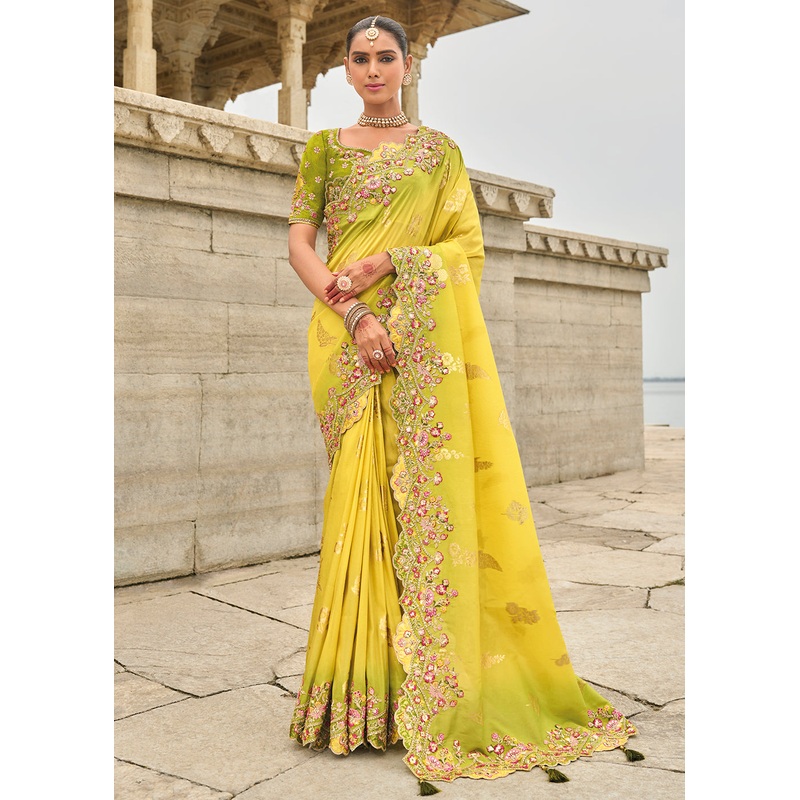 Yellow Mehendi Viscose Tissue Silk Designer Saree