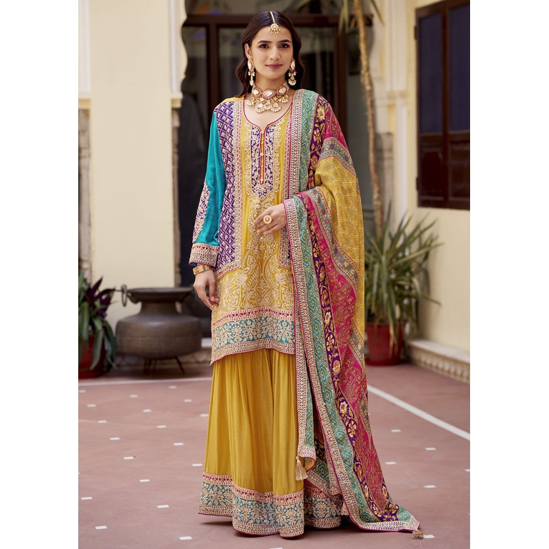 Yellow Multicolor Fancy Embroidered Gharara Style Suit