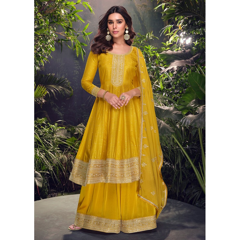 Yellow Viscose Jacquard Silk Wedding Festive Palazzo Suit