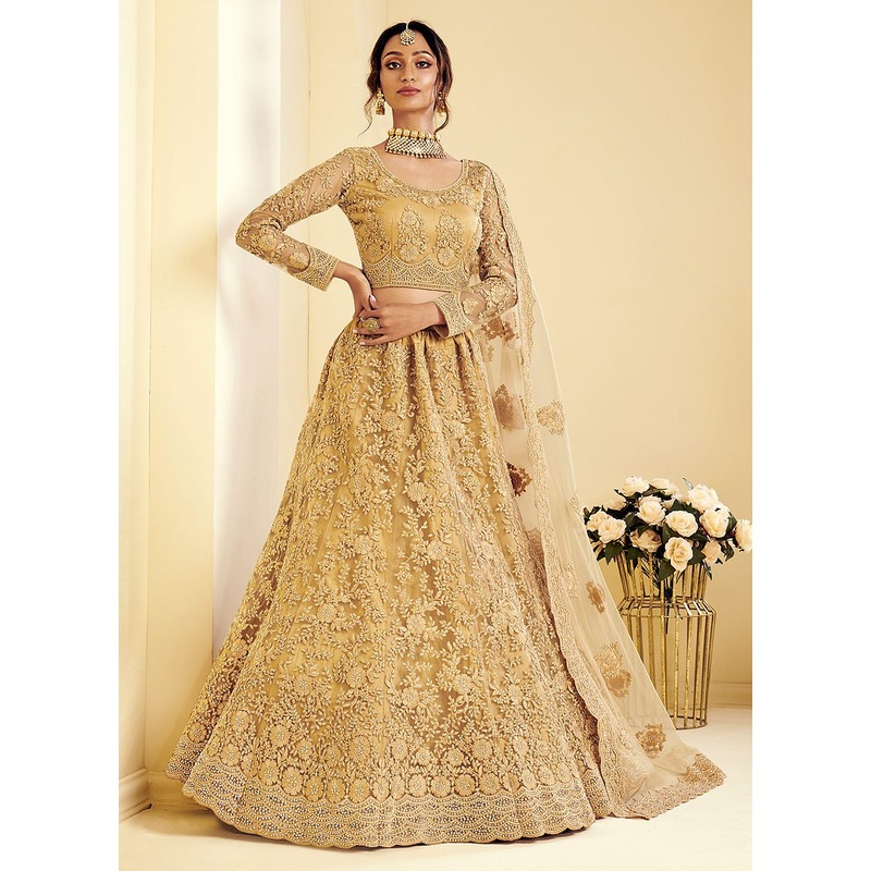 Antique Golden Pearl Embroidered Wedding Lehenga Choli