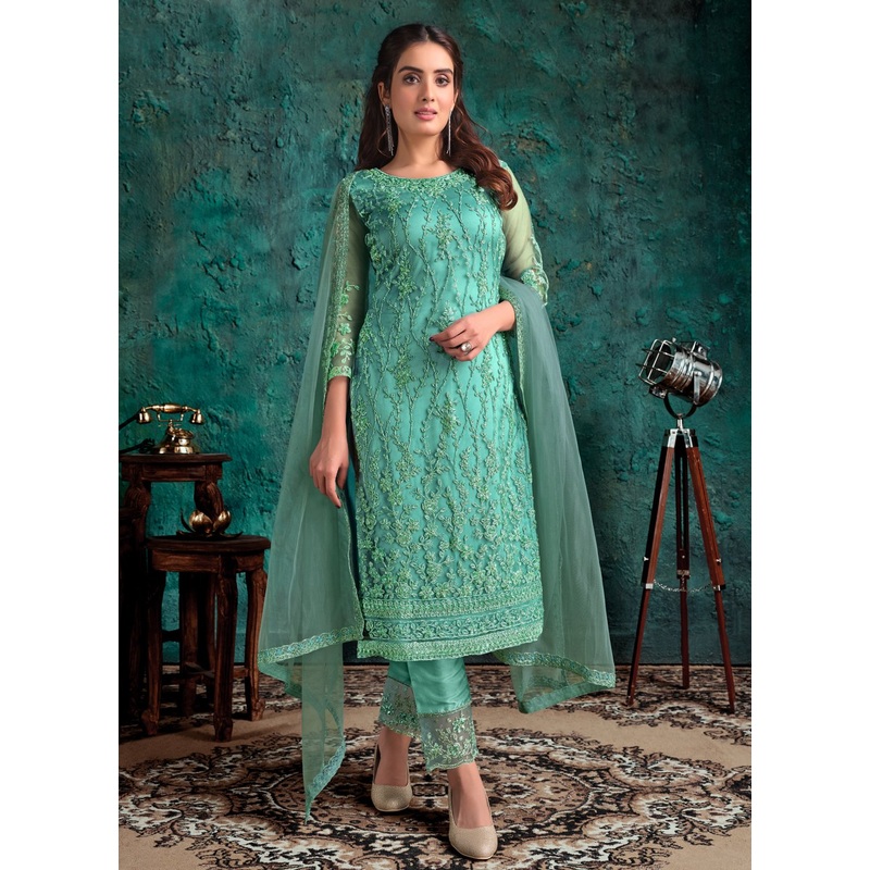 Aqua Blue Net Designer Fancy Pakistani Style Suit