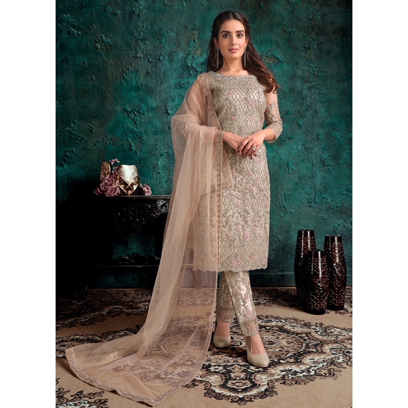 Attractive Beige Net Designer Fancy Pakistani Style Suit