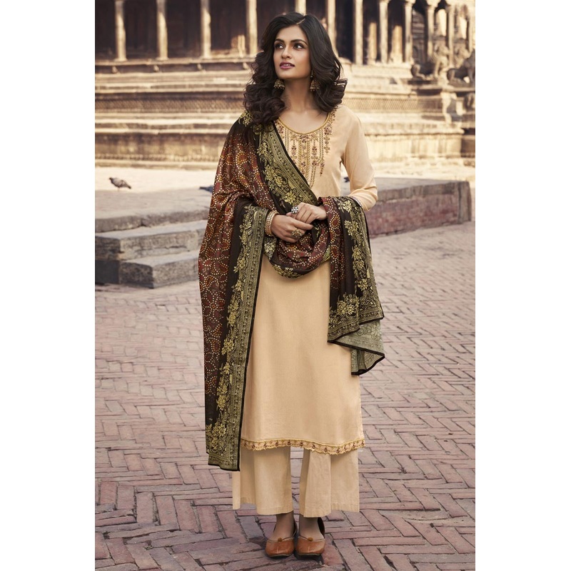 Beige Chiffon Embroidered Festive Palazzo Suit