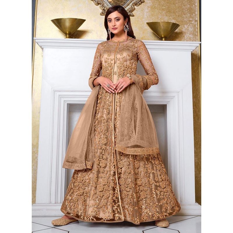 Beige Front Slit Sequins Embroidered Anarkali Suit