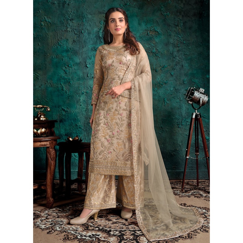 Beige Net Designer Fancy Pakistani Style Suit